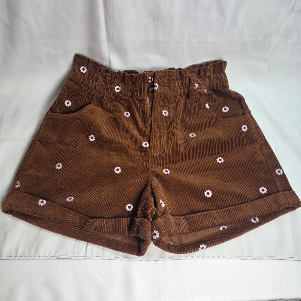 Madewell Brown Corduroy Daisy Embroidered Paperbag Waist Shorts Small Floral